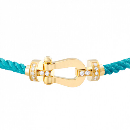 Bracelet FRED Force 10 moyen modèle manille en or jaune, diamants et câble en corderie turquoise