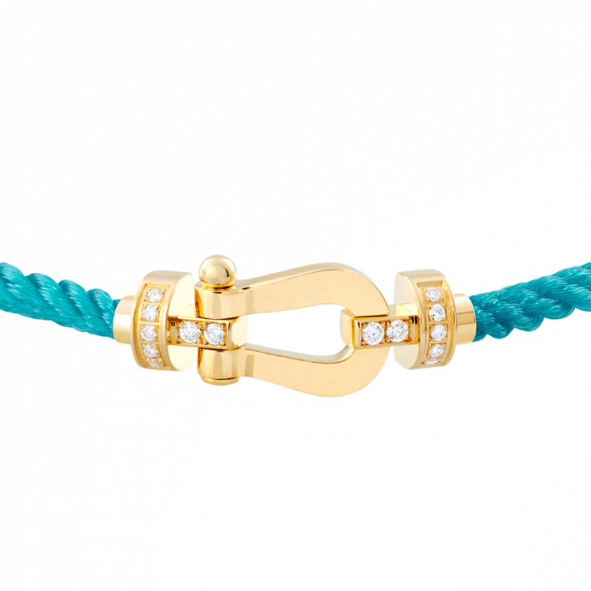 Bracelet FRED Force 10 moyen modèle manille en or jaune, diamants et câble en corderie turquoise