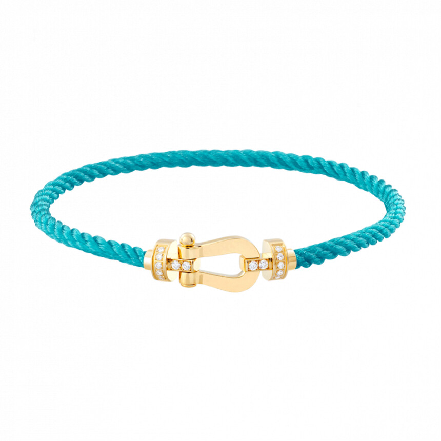 Bracelet FRED Force 10 moyen modèle manille en or jaune, diamants et câble en corderie turquoise