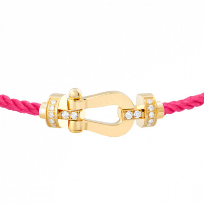 Bracelet FRED Force 10 moyen modèle manille en or jaune, diamants et câble en corderie bois de rose