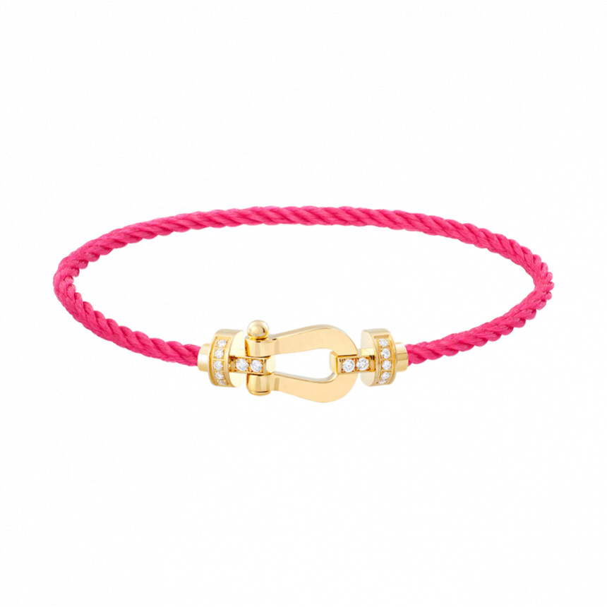 Bracelet FRED Force 10 moyen modèle manille en or jaune, diamants et câble en corderie bois de rose
