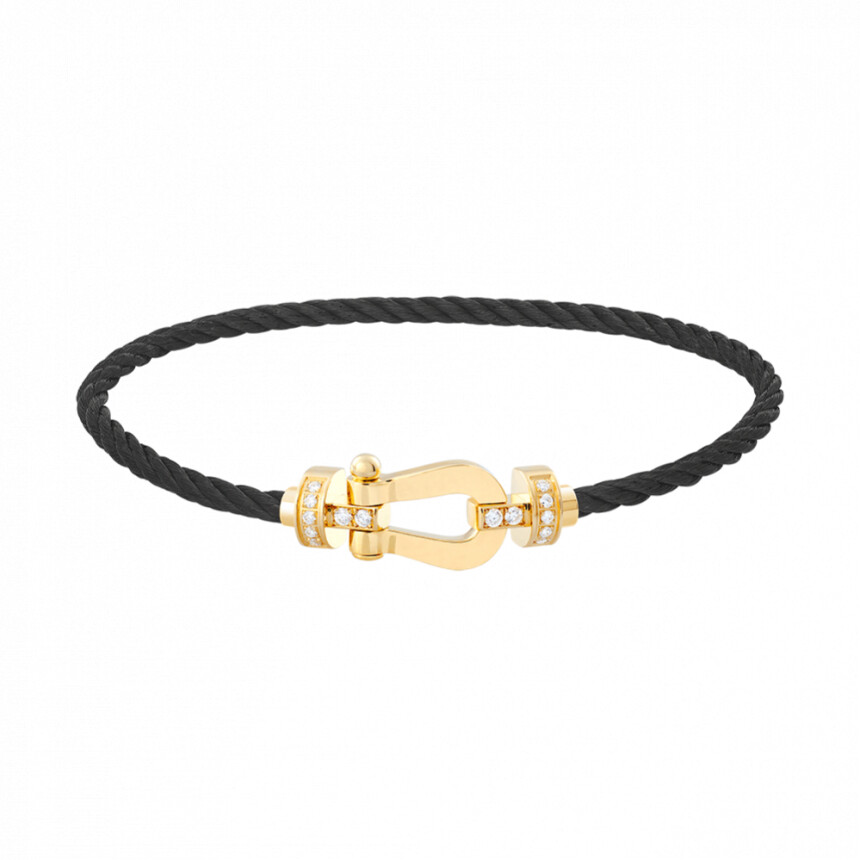 Bracelet FRED Force 10 moyen modèle manille en or jaune, diamants et câble en corderie noire