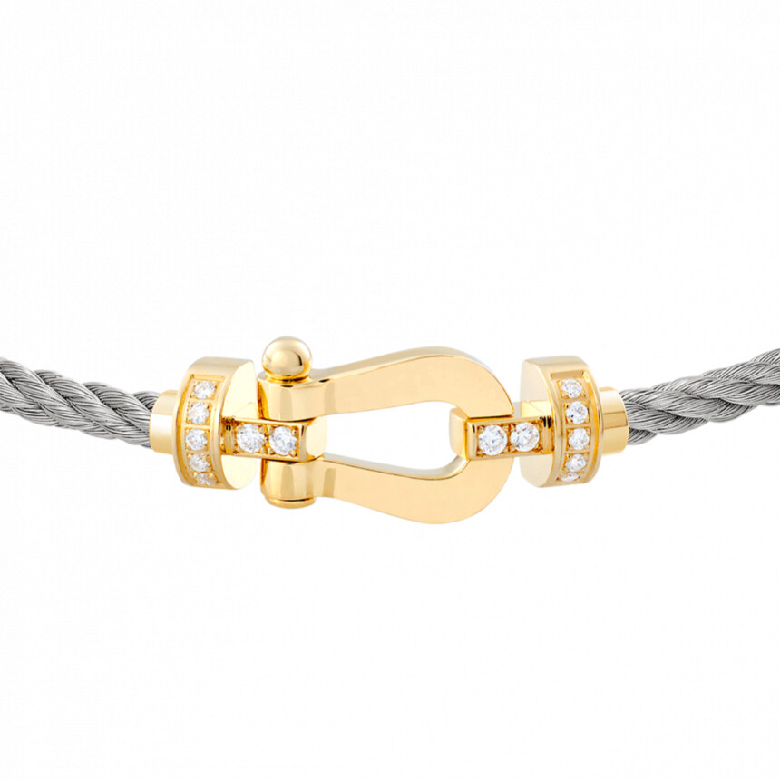 Bracelet FRED Force 10 moyen modèle manille en or jaune, diamants et câble acier