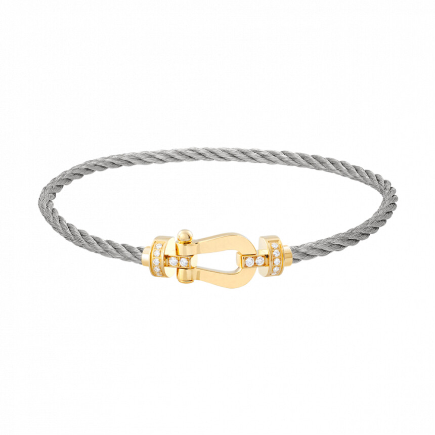 Bracelet FRED Force 10 moyen modèle manille en or jaune, diamants et câble acier