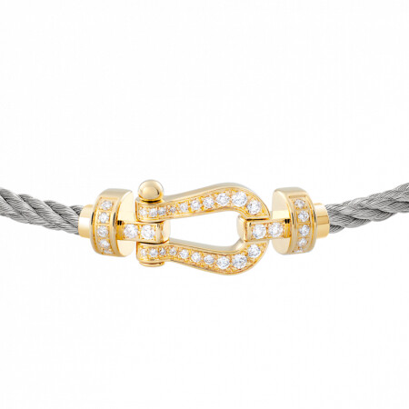 Bracelet FRED Force 10 moyen modèle manille en or jaune et diamants, câble en acier