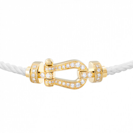 Bracelet FRED Force 10 moyen modèle manille en or jaune et diamants, câble en corderie blanche