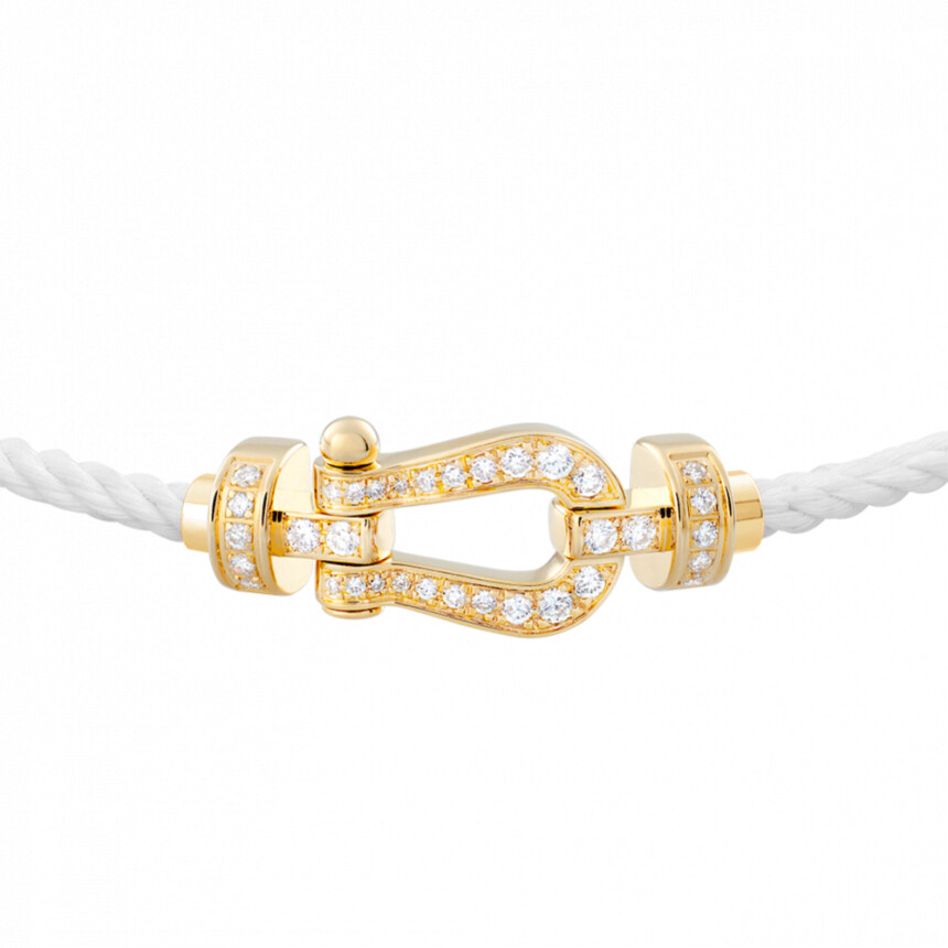 Bracelet FRED Force 10 moyen modèle manille en or jaune et diamants, câble en corderie blanche