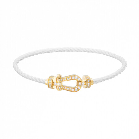 Bracelet FRED Force 10 moyen modèle manille en or jaune et diamants, câble en corderie blanche