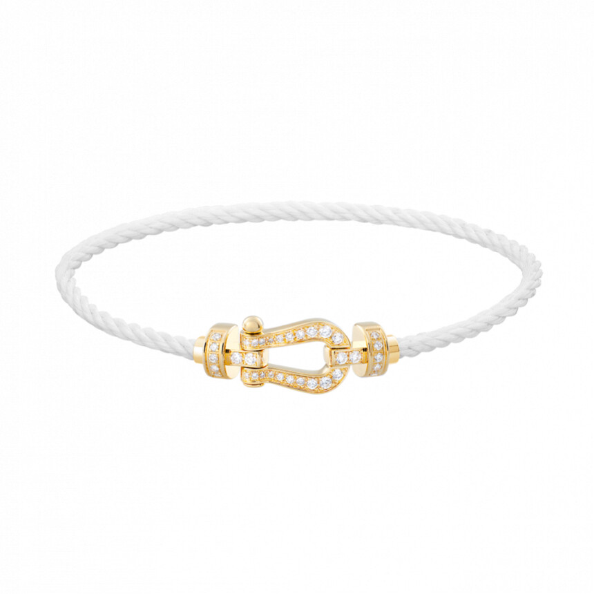 Bracelet FRED Force 10 moyen modèle manille en or jaune et diamants, câble en corderie blanche