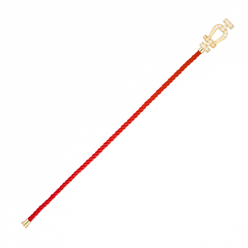 Bracelet FRED Force 10 moyen modèle manille en or jaune et diamants, câble en corderie rouge
