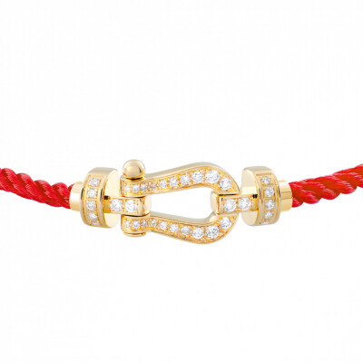 Bracelet FRED Force 10 moyen modèle manille en or jaune et diamants, câble en corderie rouge