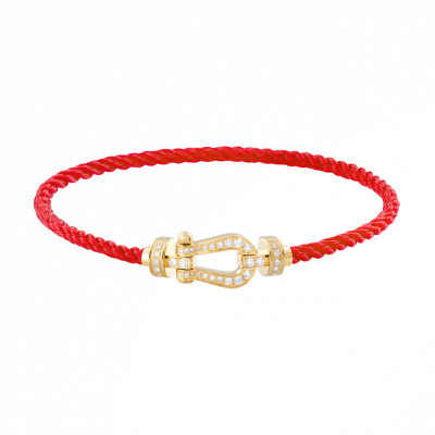 Bracelet FRED Force 10 moyen modèle manille en or jaune et diamants, câble en corderie rouge