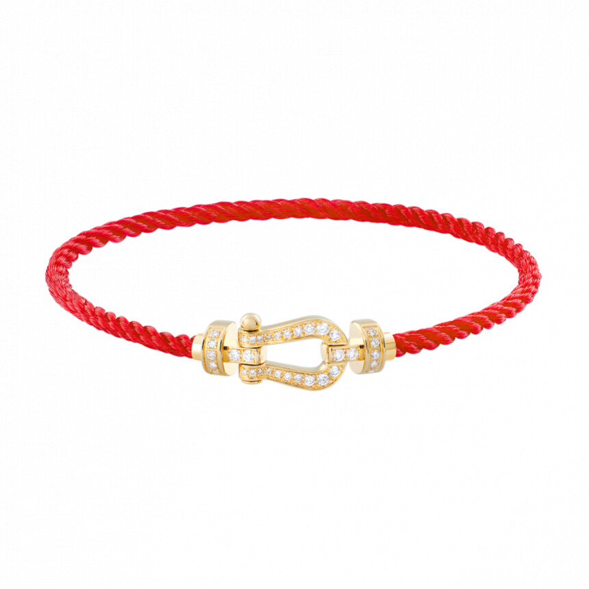Bracelet FRED Force 10 moyen modèle manille en or jaune et diamants, câble en corderie rouge