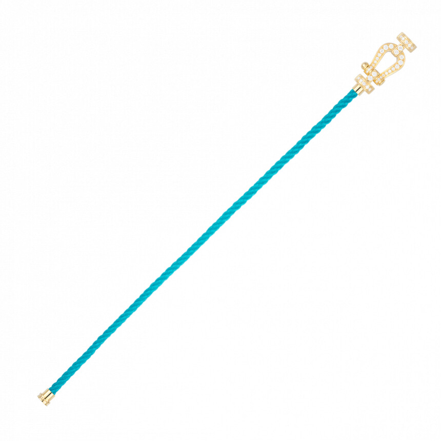 Bracelet FRED Force 10 moyen modèle manille en or jaune et diamants, câble en corderie turquoise