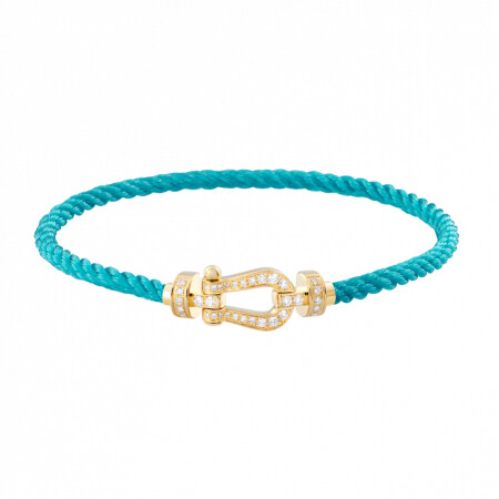 Bracelet FRED Force 10 moyen modèle manille en or jaune et diamants, câble en corderie turquoise