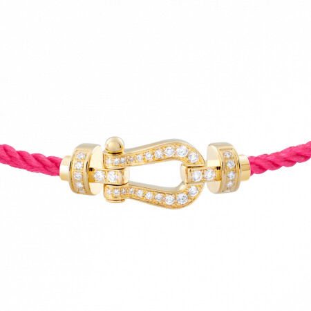 Bracelet FRED Force 10 moyen modèle manille en or jaune et diamants, câble en corderie bois de rose