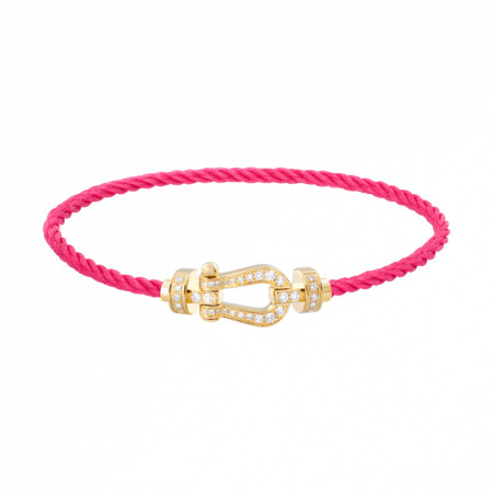 Bracelet FRED Force 10 moyen modèle manille en or jaune et diamants, câble en corderie bois de rose