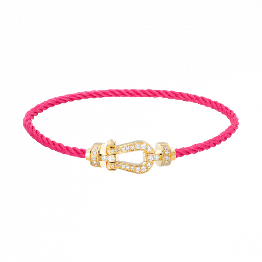 Bracelet FRED Force 10 moyen modèle manille en or jaune et diamants, câble en corderie bois de rose