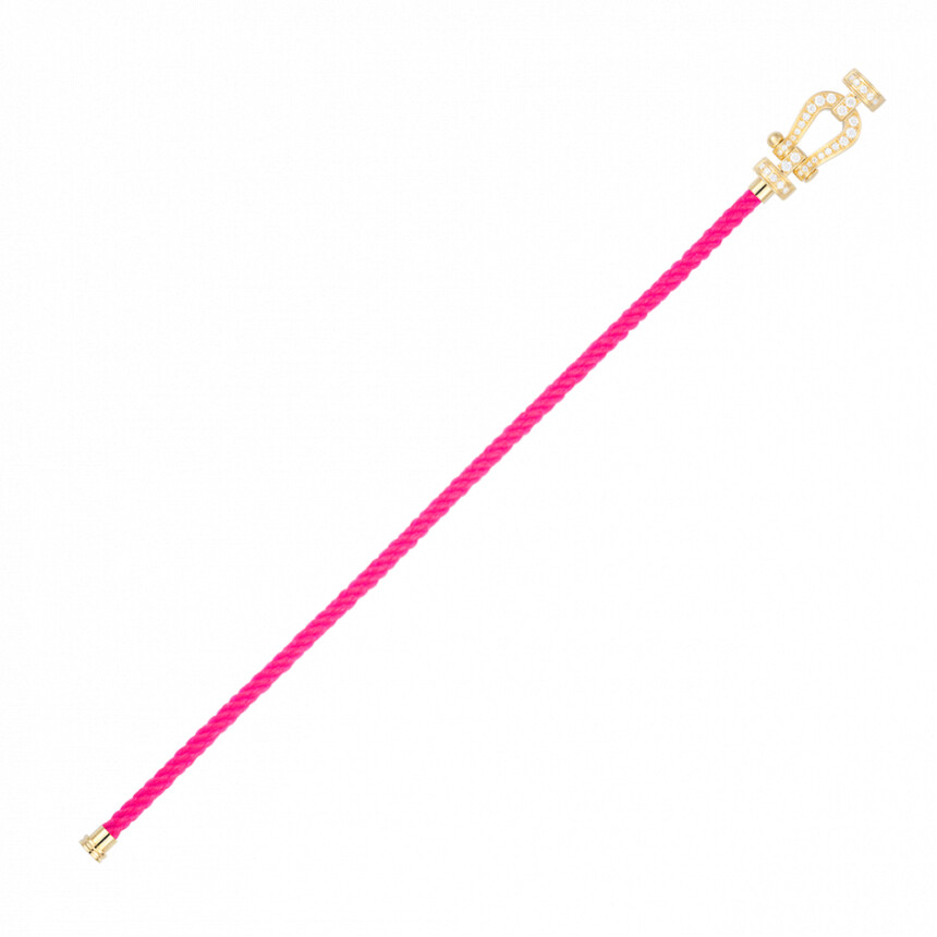 Bracelet FRED Force 10 moyen modèle manille en or jaune et diamants, câble en corderie rose fluo