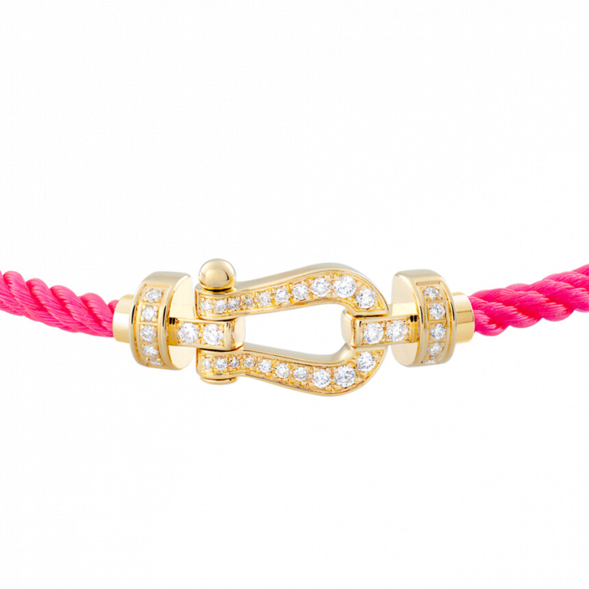 Bracelet FRED Force 10 moyen modèle manille en or jaune et diamants, câble en corderie rose fluo