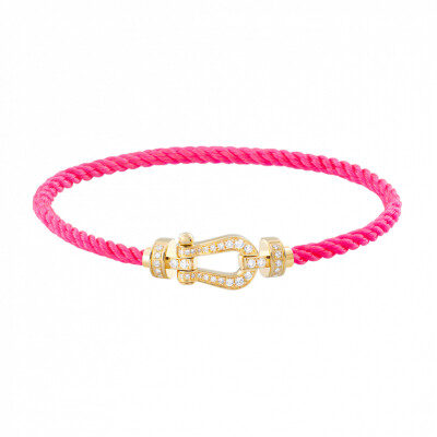 Bracelet FRED Force 10 moyen modèle manille en or jaune et diamants, câble en corderie rose fluo