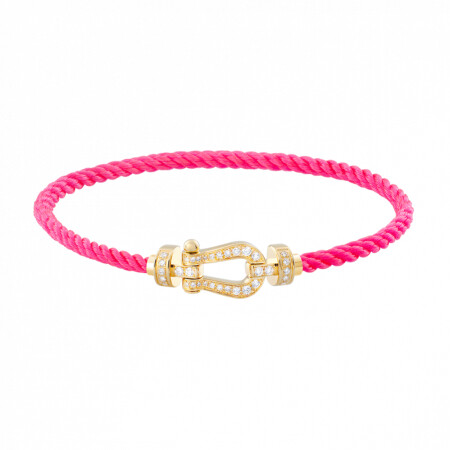 Bracelet FRED Force 10 moyen modèle manille en or jaune et diamants, câble en corderie rose fluo