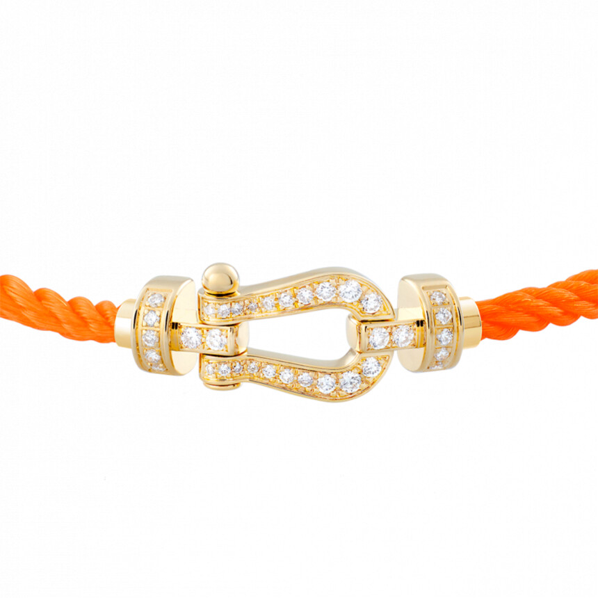 Bracelet FRED Force 10 moyen modèle manille en or jaune et diamants, câble en corderie orange fluo