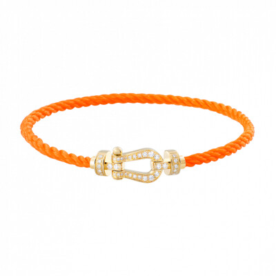 Bracelet FRED Force 10 moyen modèle manille en or jaune et diamants, câble en corderie orange fluo