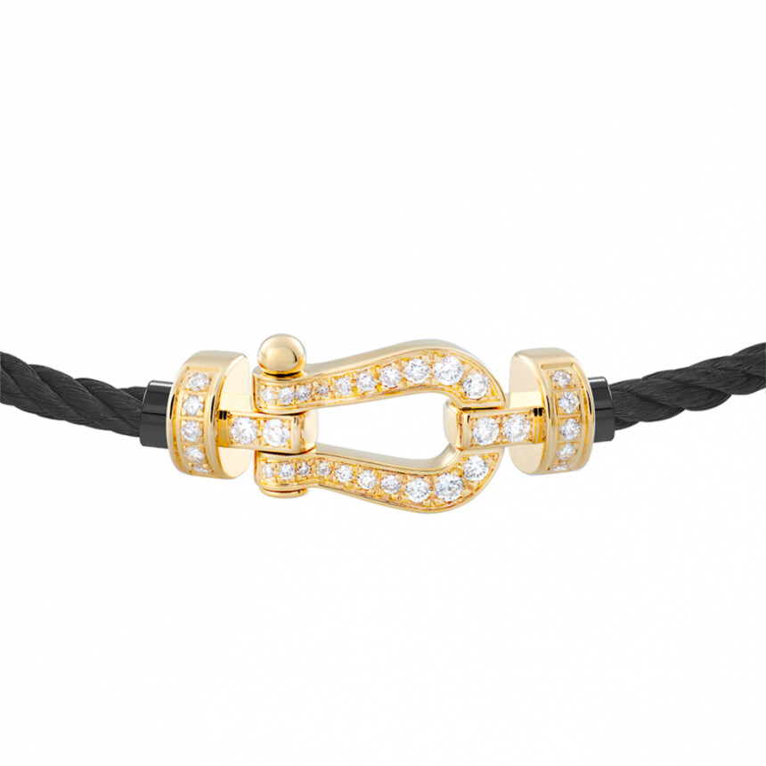 Bracelet FRED Force 10 moyen modèle manille en or jaune et diamants, câble en corderie noire