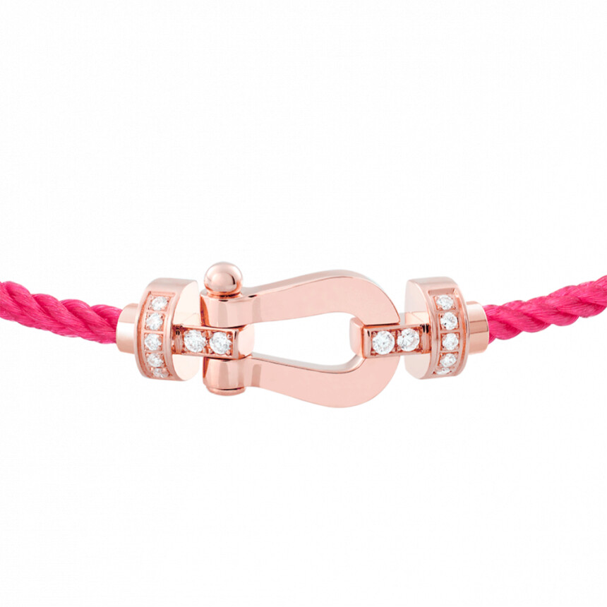Bracelet FRED Force 10 moyen modèle manille en or rose, diamants et câble en corderie bois de rose