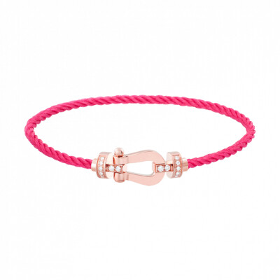 Bracelet FRED Force 10 moyen modèle manille en or rose, diamants et câble en corderie bois de rose