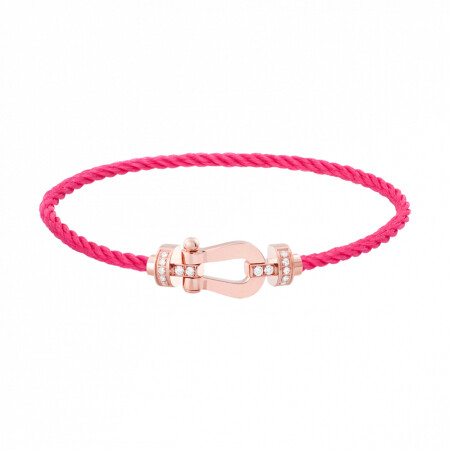 Bracelet FRED Force 10 moyen modèle manille en or rose, diamants et câble en corderie bois de rose