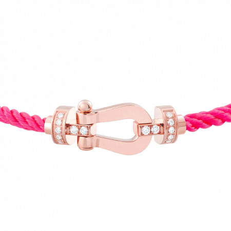 Bracelet FRED Force 10 moyen modèle manille en or rose, diamants et câble en corderie rose fluo