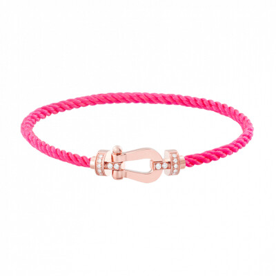 Bracelet FRED Force 10 moyen modèle manille en or rose, diamants et câble en corderie rose fluo