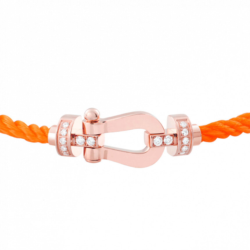 Bracelet FRED Force 10 moyen modèle manille en or rose, diamants et câble en corderie orange fluo