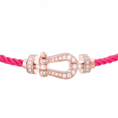 Bracelet FRED Force 10 moyen modèle manille en or rose, diamants et câble en corderie bois de rose