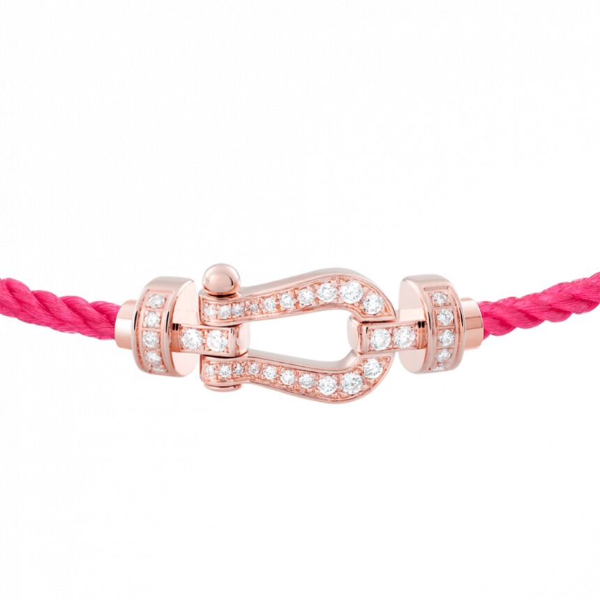 Bracelet FRED Force 10 moyen modèle manille en or rose, diamants et câble en corderie bois de rose