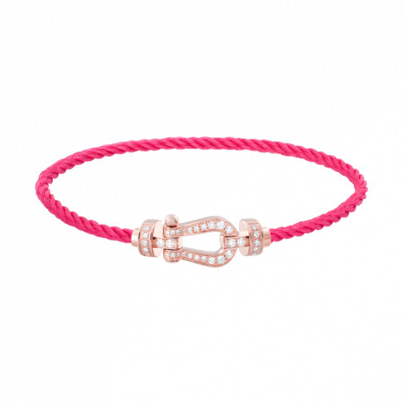 Bracelet FRED Force 10 moyen modèle manille en or rose, diamants et câble en corderie bois de rose