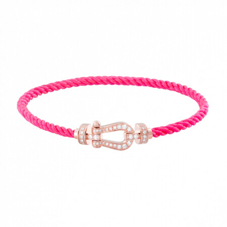 Bracelet FRED Force 10 moyen modèle manille en or rose, diamants et câble en corderie rose fluo