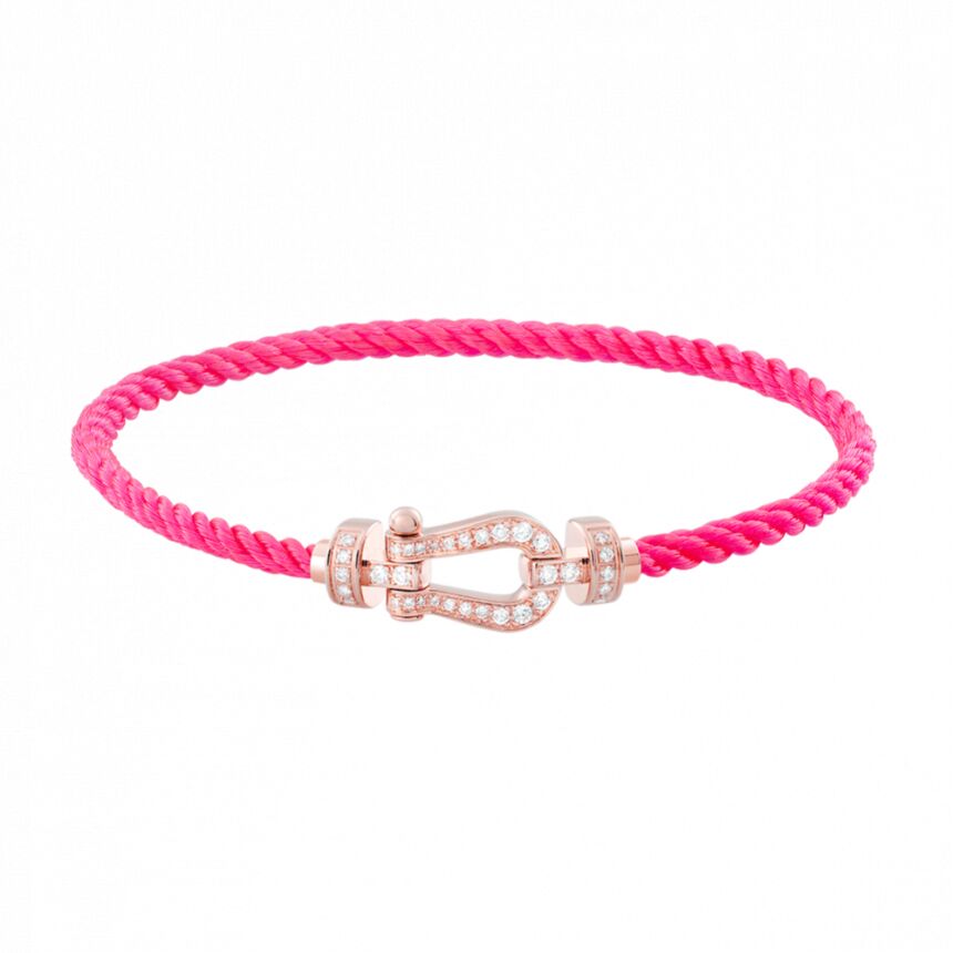 Bracelet FRED Force 10 moyen modèle manille en or rose, diamants et câble en corderie rose fluo