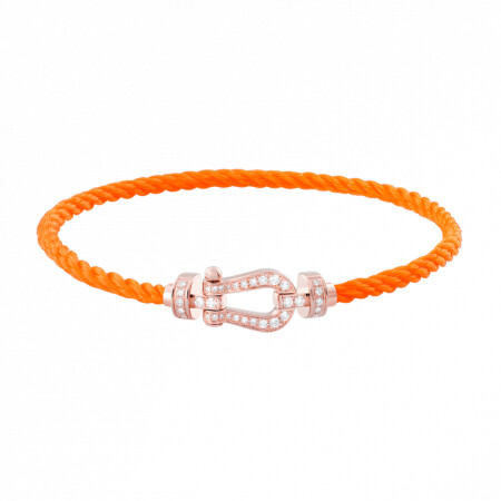 Bracelet FRED Force 10 moyen modèle manille en or rose, diamants et câble en corderie orange fluo