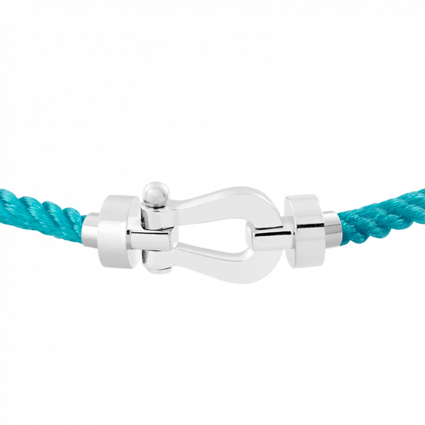 Bracelet FRED Force 10 moyen modèle manille en or blanc et câble en corderie turquoise