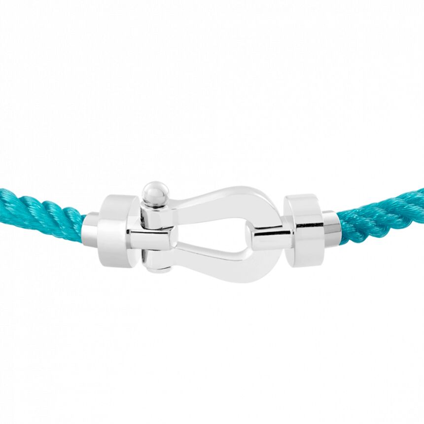Bracelet FRED Force 10 moyen modèle manille en or blanc et câble en corderie turquoise