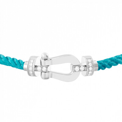 Bracelet FRED Force 10 moyen modèle manille en or blanc, diamants et câble en corderie turquoise