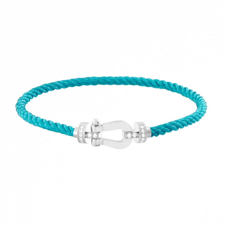 Bracelet FRED Force 10 moyen modèle manille en or blanc, diamants et câble en corderie turquoise