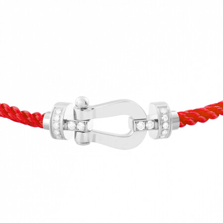 Bracelet FRED Force 10 moyen modèle manille en or blanc, diamants et câble en corderie rouge