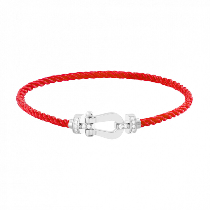 Bracelet FRED Force 10 moyen modèle manille en or blanc, diamants et câble en corderie rouge