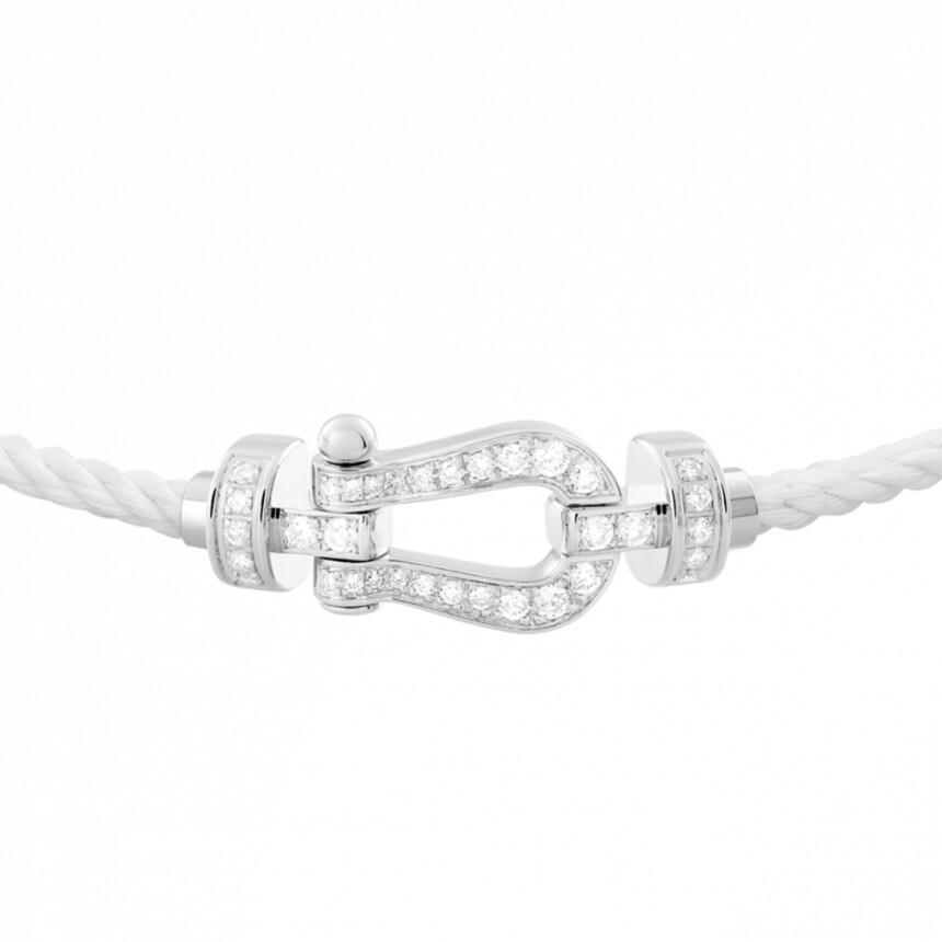 Bracelet FRED Force 10 moyen modèle manille en or blanc, diamants et câble en corderie blanche