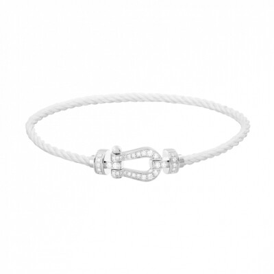 Bracelet FRED Force 10 moyen modèle manille en or blanc, diamants et câble en corderie blanche