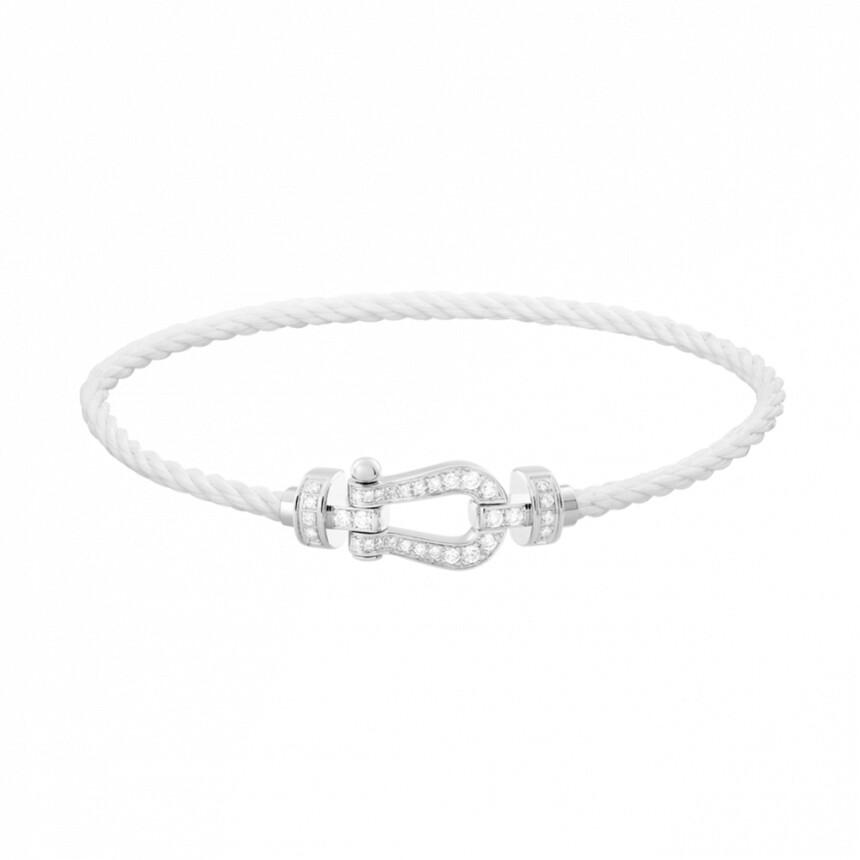 Bracelet FRED Force 10 moyen modèle manille en or blanc, diamants et câble en corderie blanche